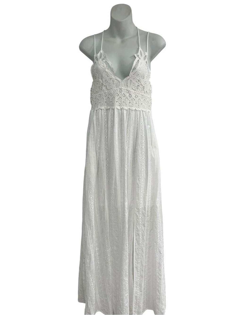 Hummingbird White Cotton Lace Summer Maxi Dress - Spaghetti Straps Large